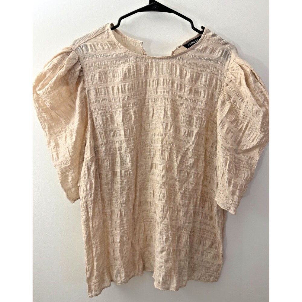 Scandi Neutral Top Puffy Sleeves Women's XL Beige Career Capsule Short Sleeve